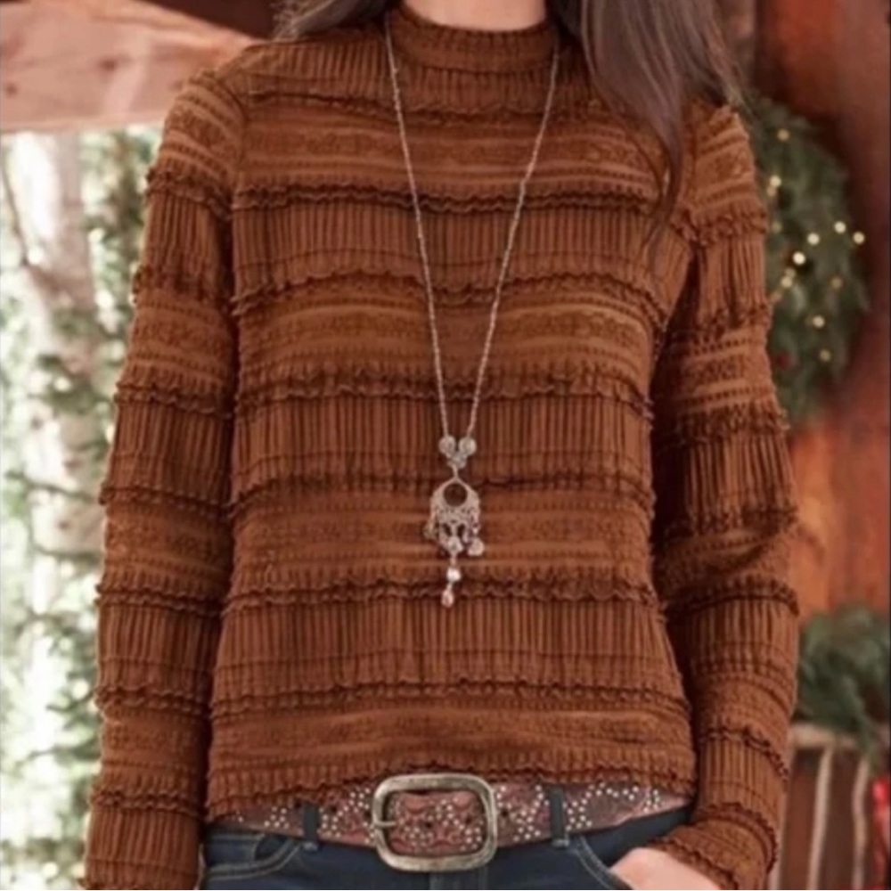 ByTiMo Elegant Lace Blouse Boho Ruffle Round Neck Belle Sleeve Top Medium